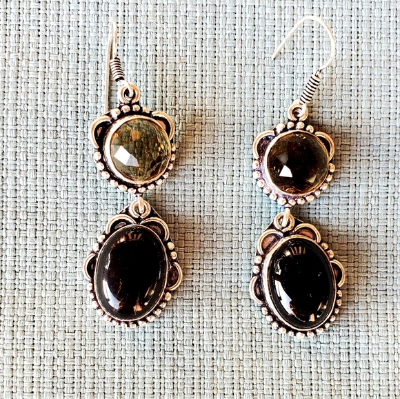 New Black Onyx and Peach Quartz Silver Earrings. - Picture 10 of 12